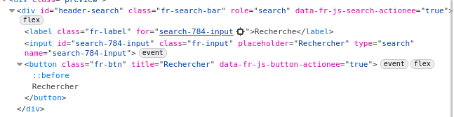 Code HTML de la barre de recherche DSFR affiché dans l’inspecteur