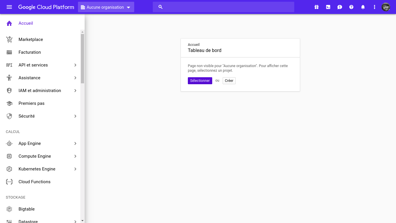Home page de la console Google Cloud Platform