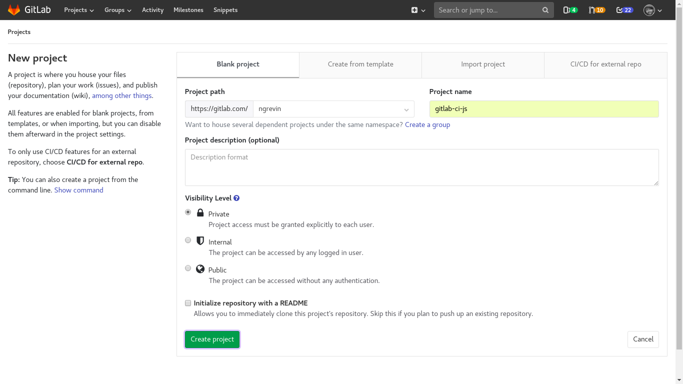 Screenshot create project gitlab