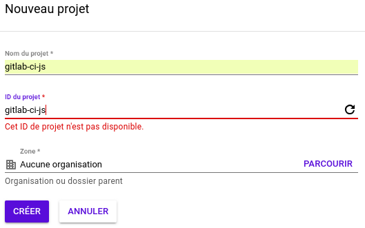 Page de création de projet GCP