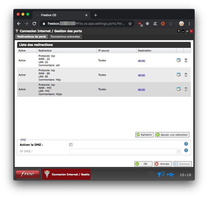 Port mapping of my freebox router