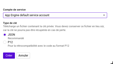 Création de clé de compte de service